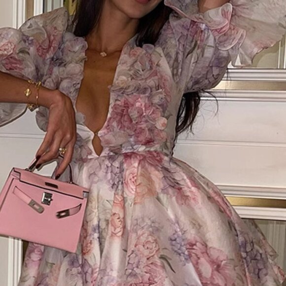 Floral Print Ruffled Mini Dress with Deep V-Neck | Formal Dress w/ 3/4 Sleeves - Picture 7 of 11